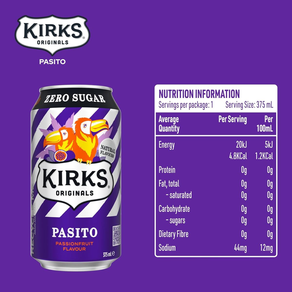 Kirks Pasito Zero Sugar Soft Drink Cans 20 x 375mL [x4]