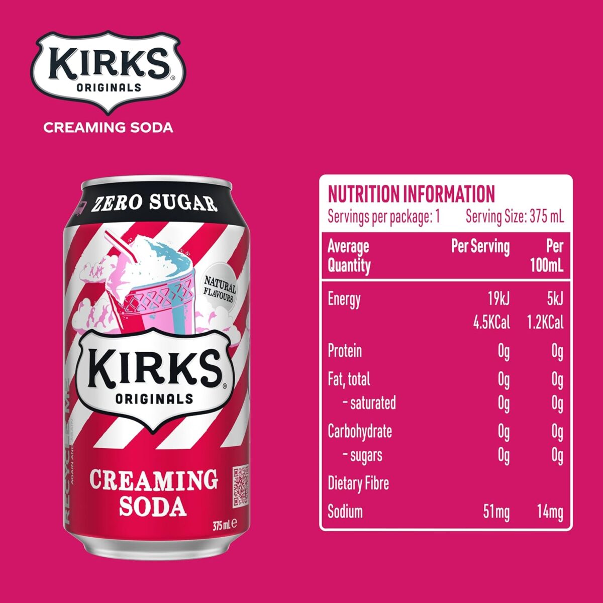 Kirks Creaming Soda Sugar Free Soft Drink 20 x 375mL Cans [x4]