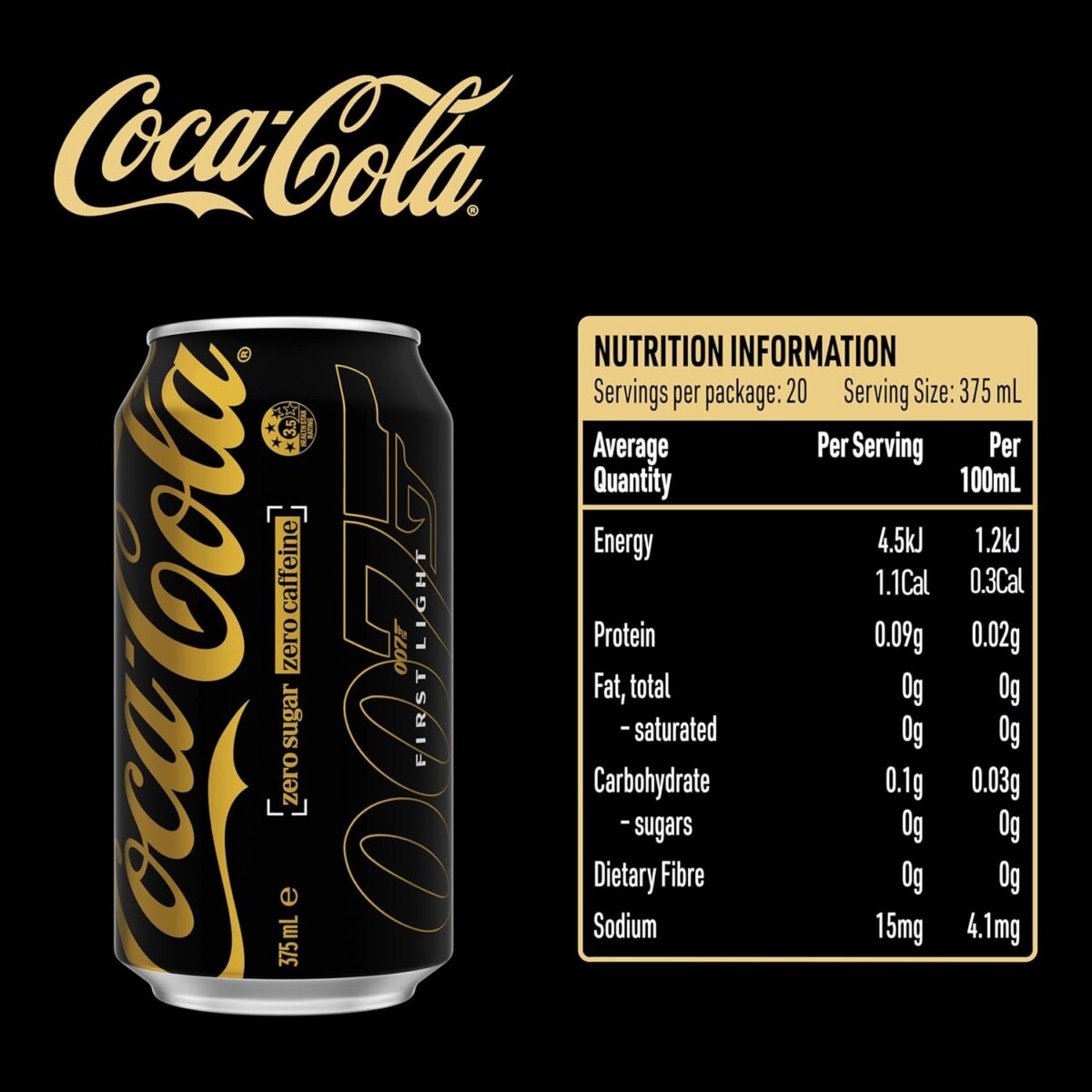 Coca-Cola Zero Sugar Zero Caffeine Soft Drink 20 x 375mL [x3]
