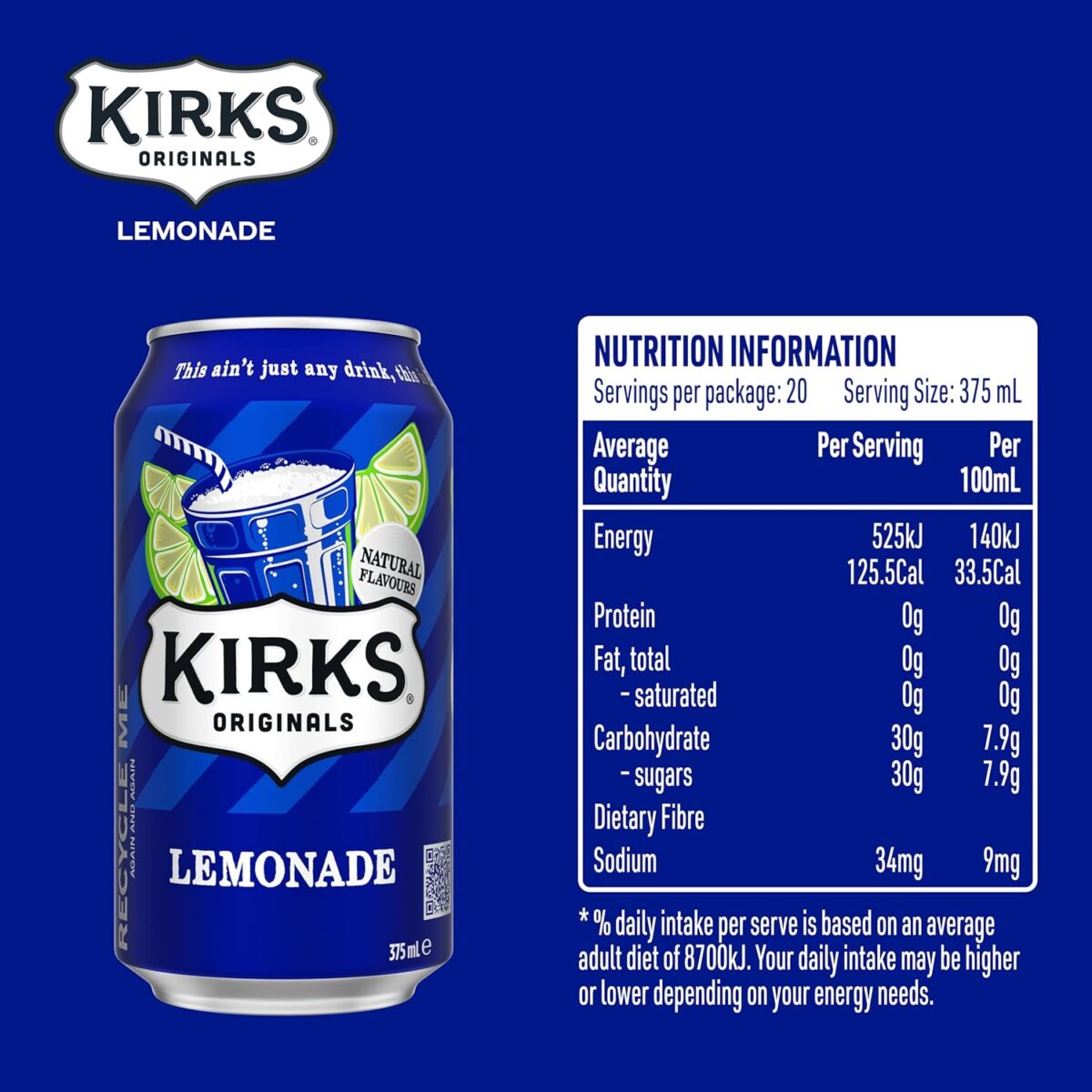 Kirks Lemonade Soft Drink 20 x 375 mL [x4]