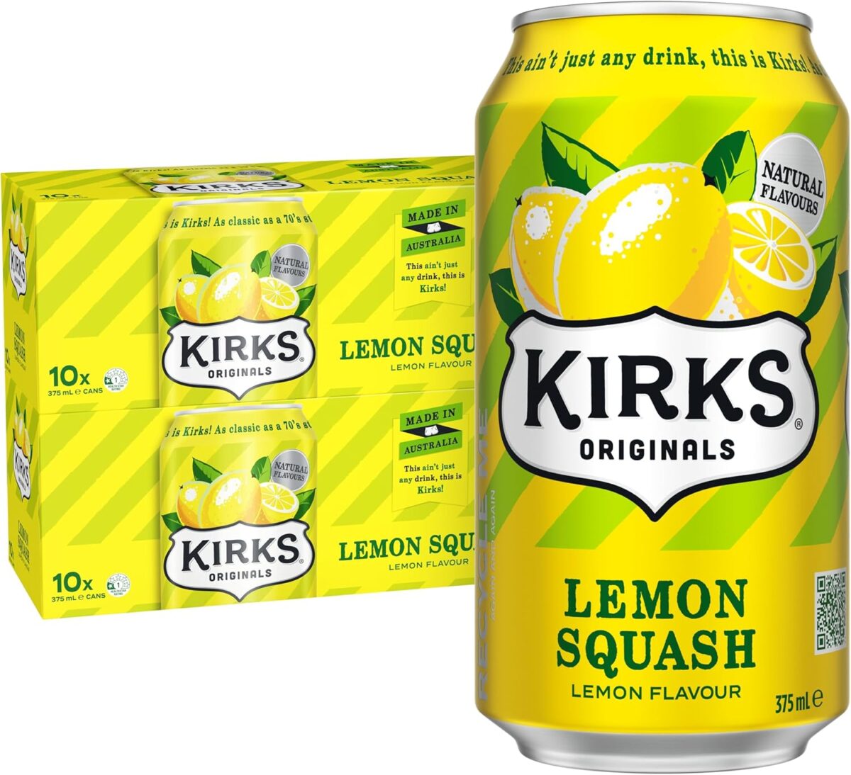 Kirks Lemon Squash Soft Drink 20 x 375mL Cans [x4]