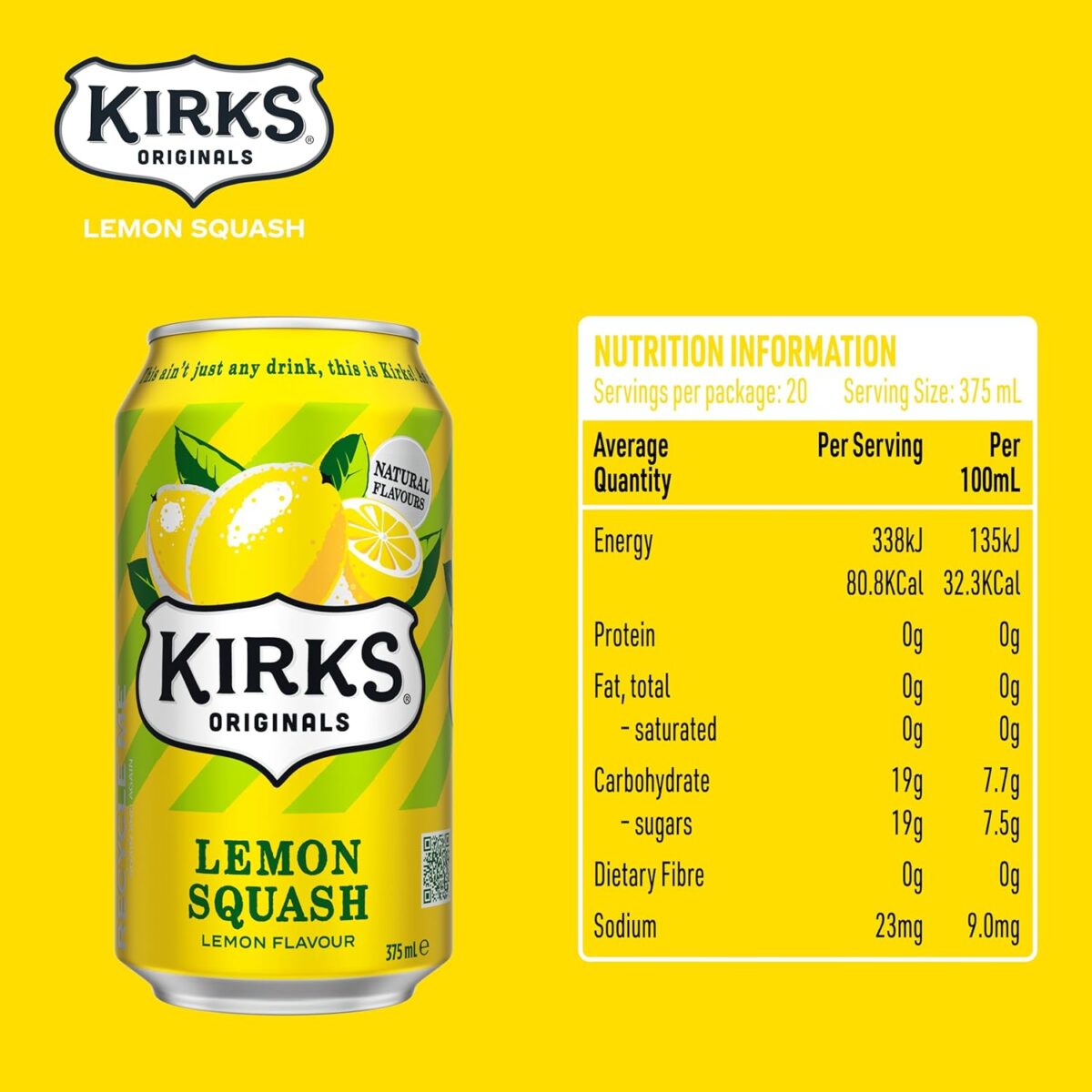Kirks Lemon Squash Soft Drink 20 x 375mL Cans [x4]