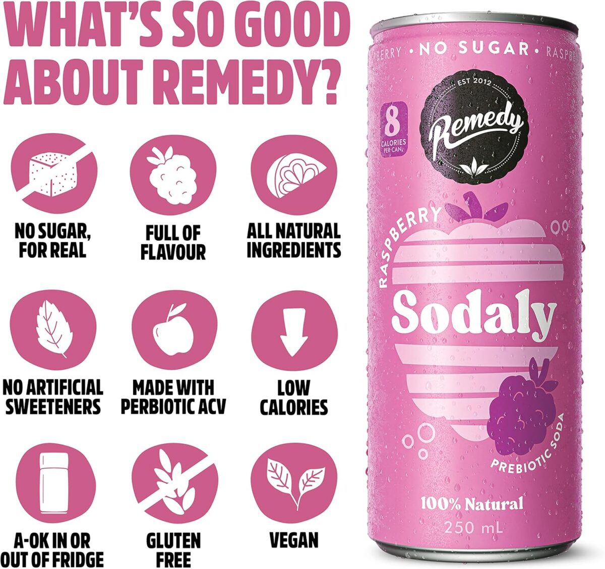 Remedy Sodaly Raspberry Prebiotic Soft Drink 250 mL 24-Pack [x2]