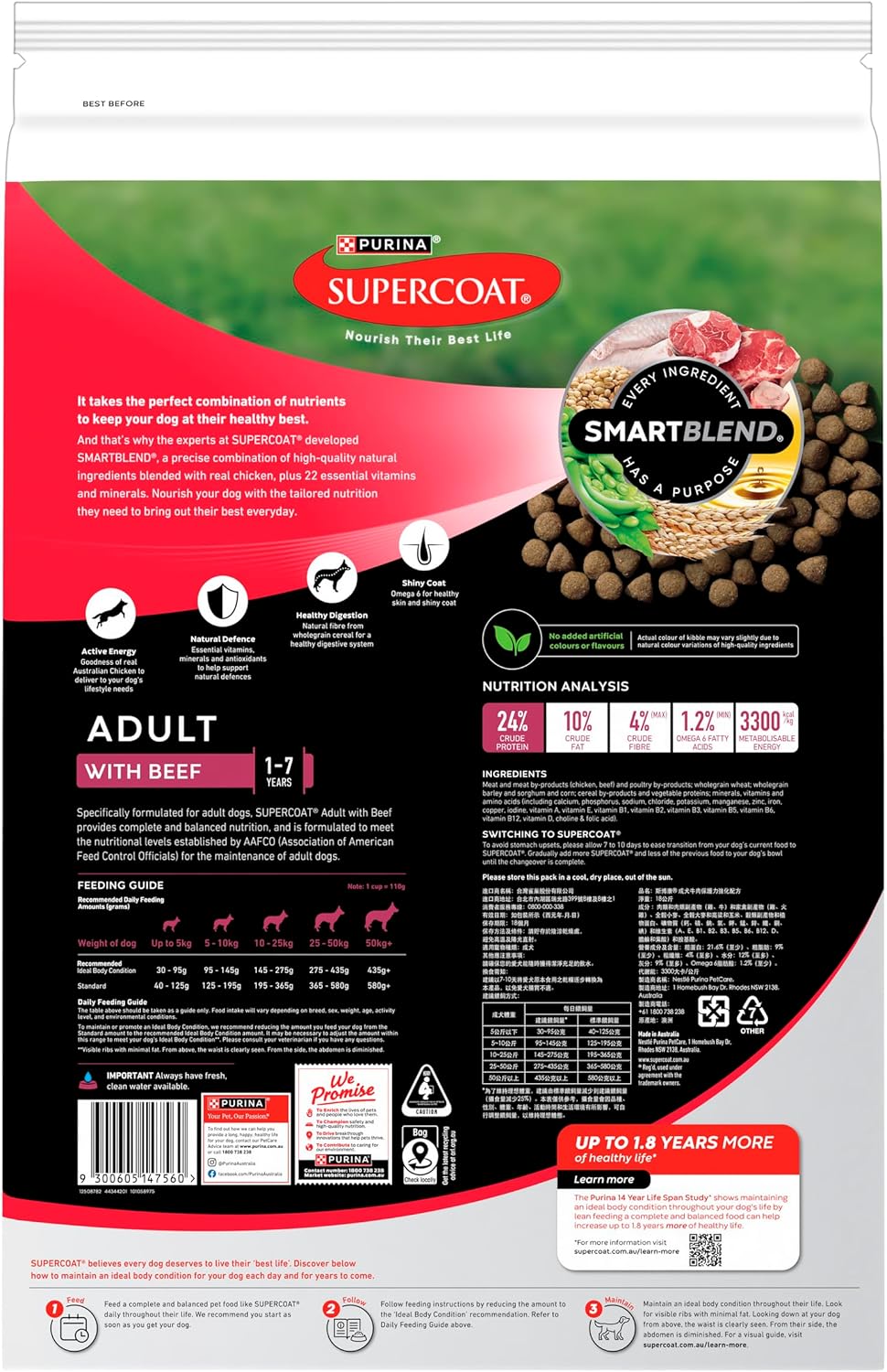 Purina Supercoat Adult Beef Dry Dog Food 18 Kg [x2]