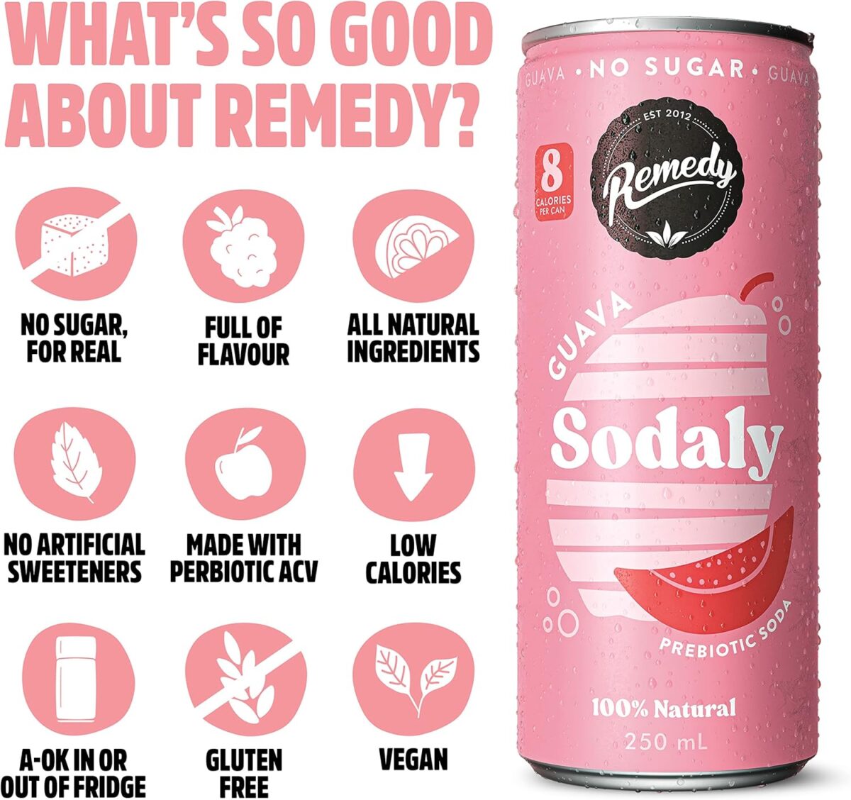 Remedy Sodaly Guava Prebiotic Soft Drink 250 mL Pack of 24 [x2]