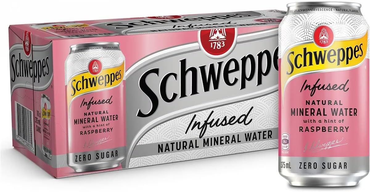 Schweppes Zero Sugar Raspberry & Blueberry Infused Natural Mineral Sparkling Water 375ml Pack of 10 [x6]