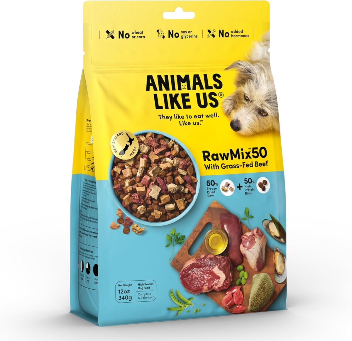 RawMix50 Dog Food Grass-Fed Beef 340g — 50% Freeze-Dried Raw, High Protein, Non-GMO, No Wheat or Corn [x3]