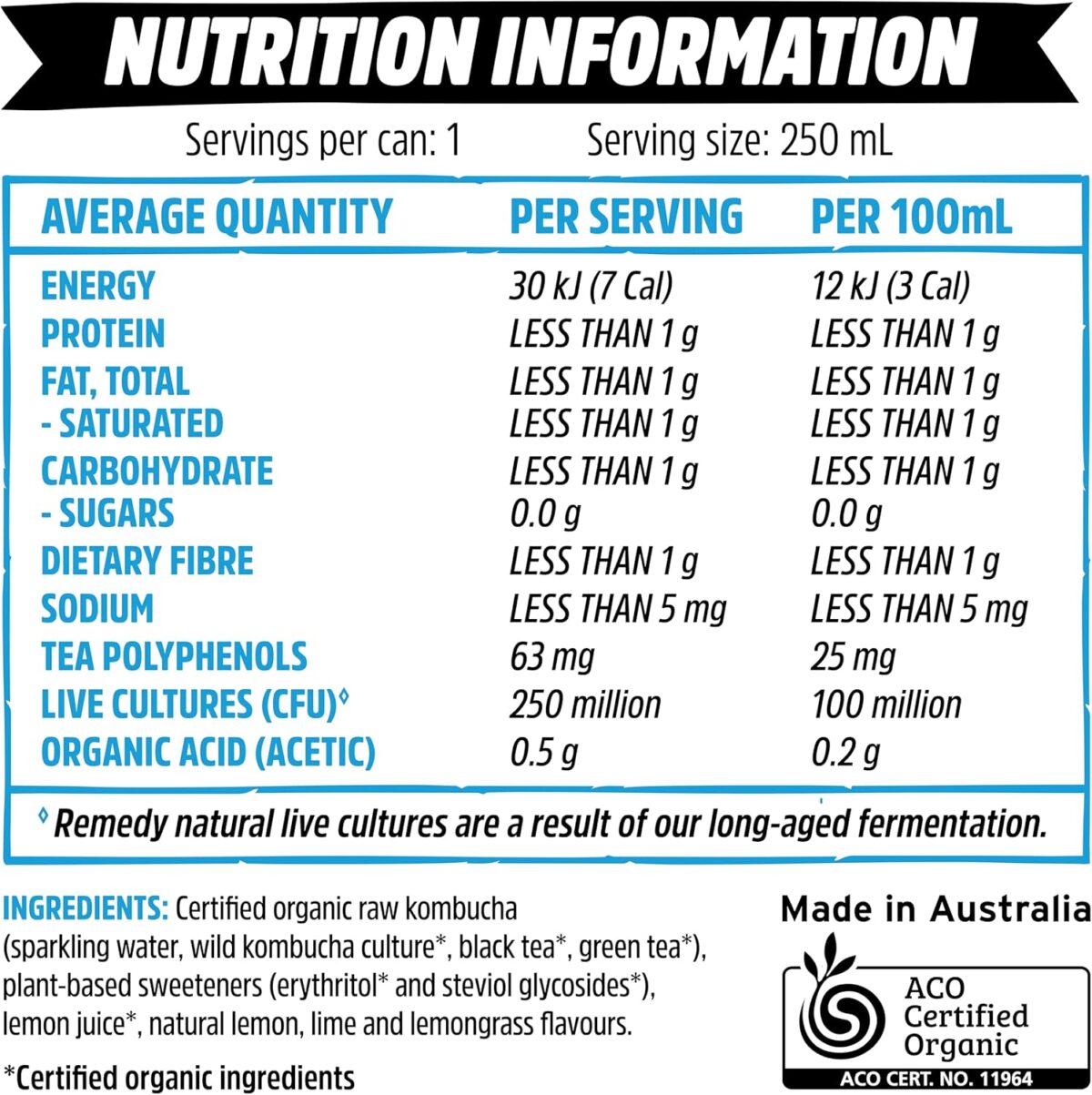 Remedy Kombucha Lemonade Organic Sugar Free Sparkling Live Cultured Drink 250 mL Cans [x2]