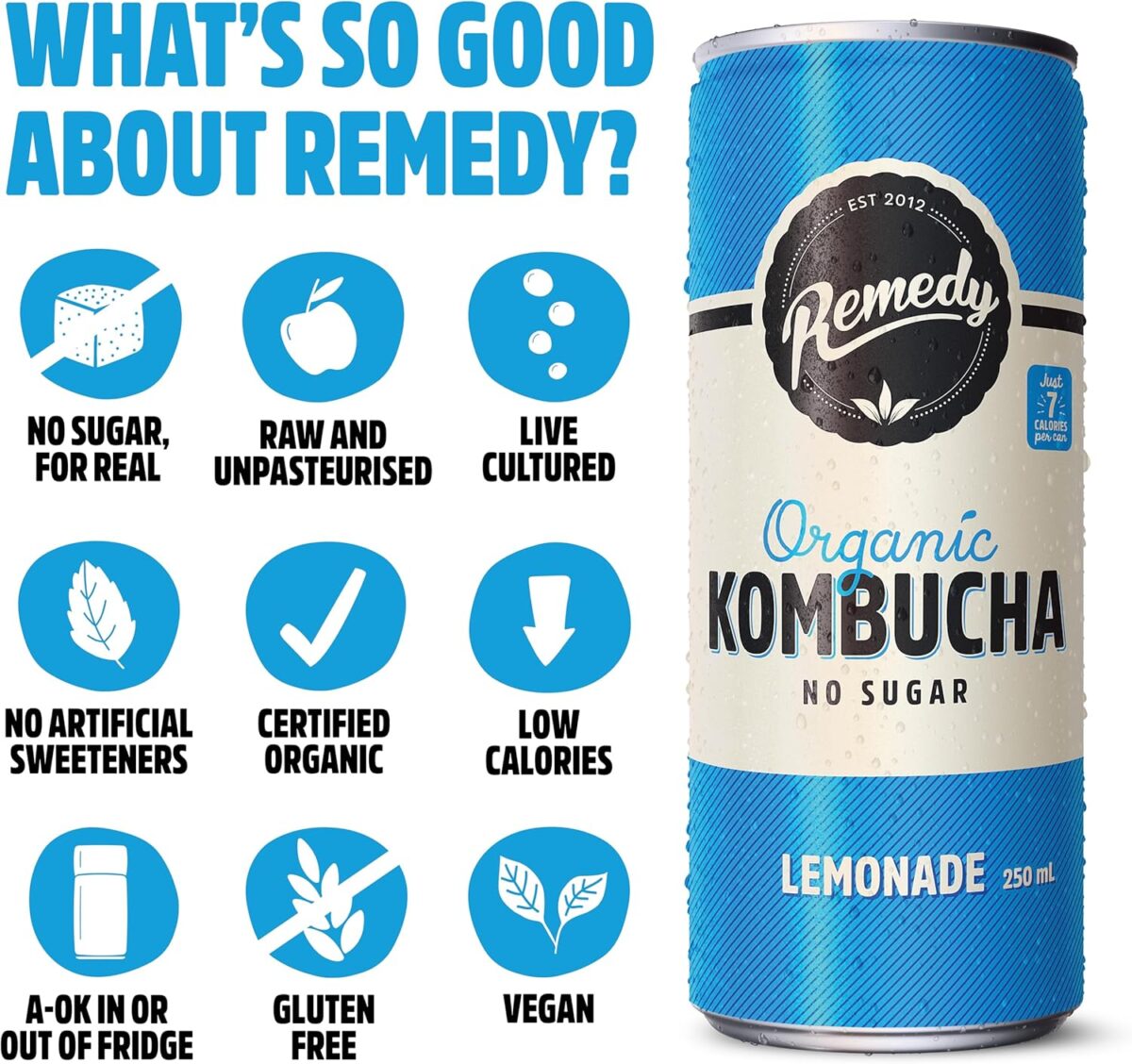 Remedy Kombucha Lemonade Organic Sugar Free Sparkling Live Cultured Drink 250 mL Cans [x2]