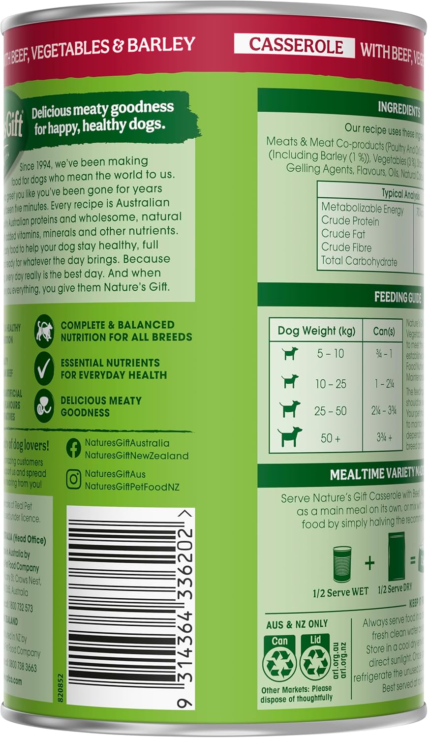 Nature's Gift Adult Wet Dog Food Casserole with Beef, Vegetable & Barley 12x700g [x3]