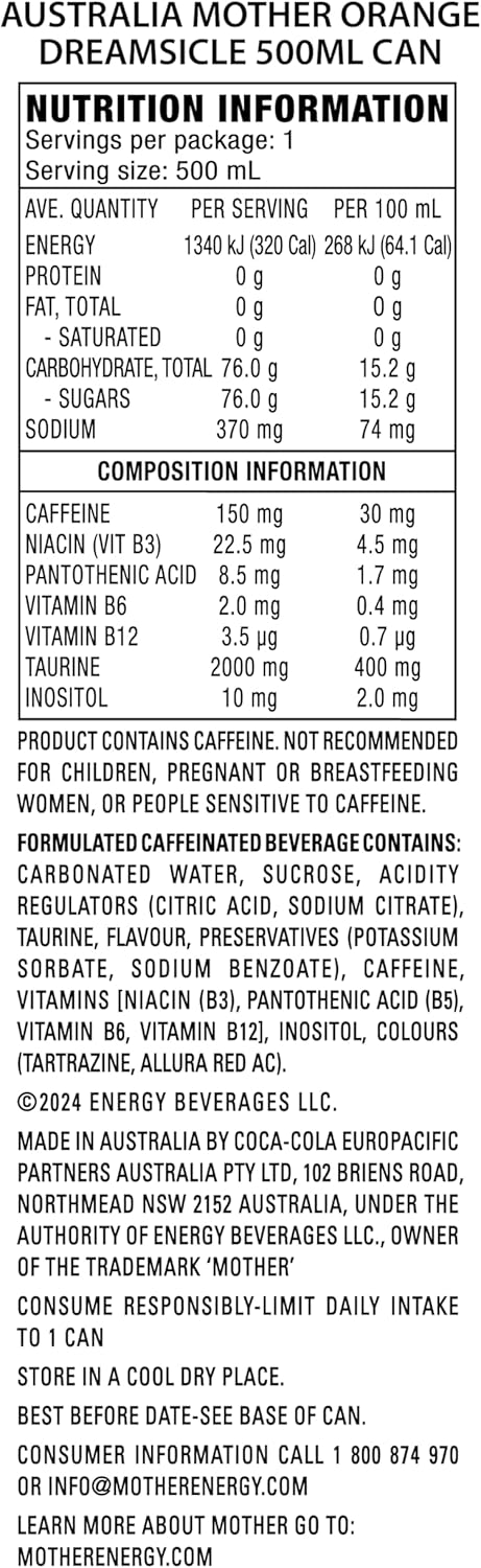 Mother Energy Drink Orange Dreamsicle 24 x 500ml [x2]