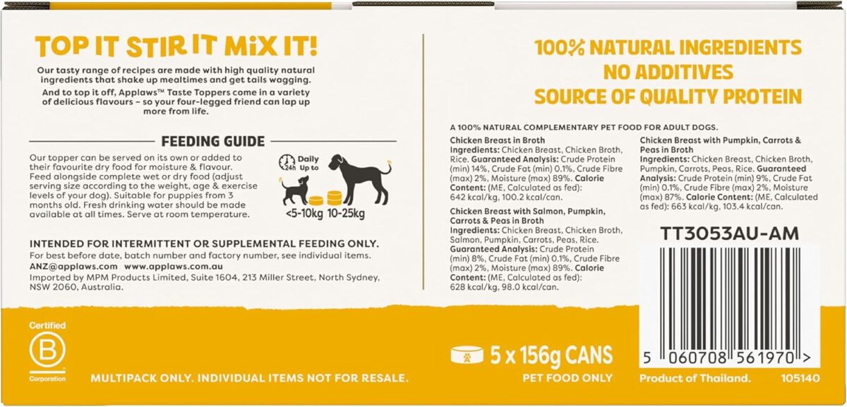 Applaws Taste Toppers Chicken Breast Broth Wet Dog Food 5x156g [x6]