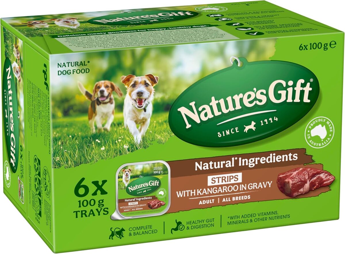Nature's Gift Adult Wet Dog Food Strips with Kangaroo in Gravy 6x100g [x9]