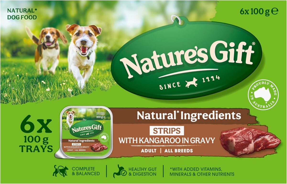 Nature's Gift Adult Wet Dog Food Strips with Kangaroo in Gravy 6x100g [x9]