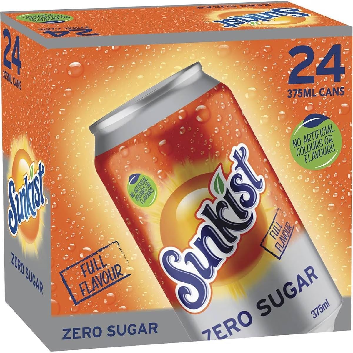 Sunkist Zero Sugar Cube Orange Soft Drink Cans 375 ml (Pack of 24) [x3]