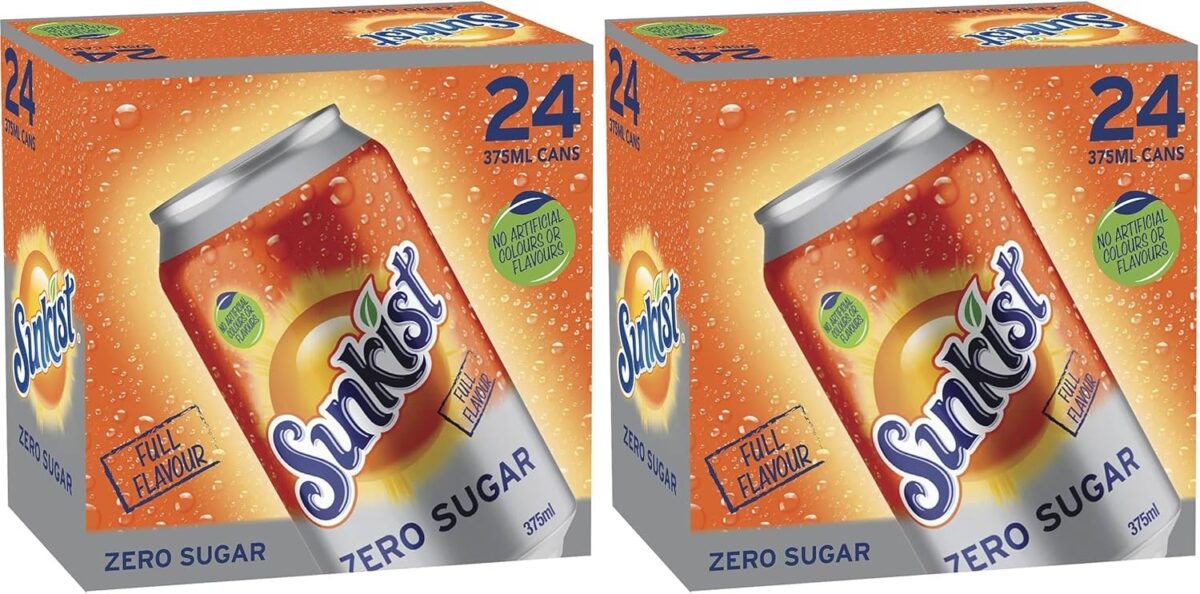 Sunkist Zero Sugar Cube Orange Soft Drink Cans 375 ml (Pack of 24) [x3]