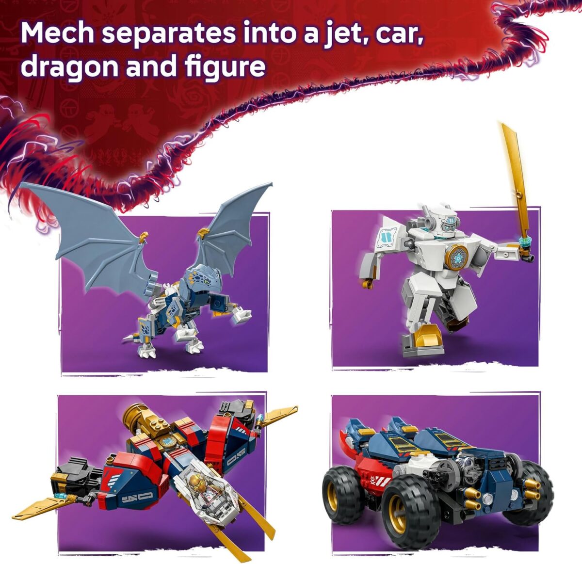 LEGO NINJAGO 4in1 Zane’s Ultra Combiner Mech Toy for 9+ Year Old Boys & Girls, Rebuilds into Kids Toy Jet, Car Model, Dragon & Ninja Figure, incl. 6 Minifigures, Dragons Rising Building Set 71834 LEGO NINJAGO 4in1 Zane’s Ultra Combiner Mech Toy for 9+ Year Old Boys & Girls, Rebuilds into Kids Toy Jet, Car Model, Dragon & Ninja Figure, incl. 6 Minifigures, Dragons Rising Building Set 71834