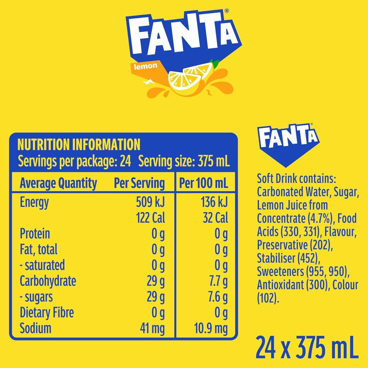 Fanta Lemon Soft Drink Multipack Can 24x 375mL [x2]