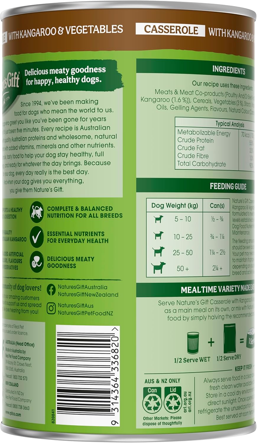 Nature's Gift Adult Wet Dog Food Casserole with Kangaroo & Vegetables 6x1.2Kg [x2]