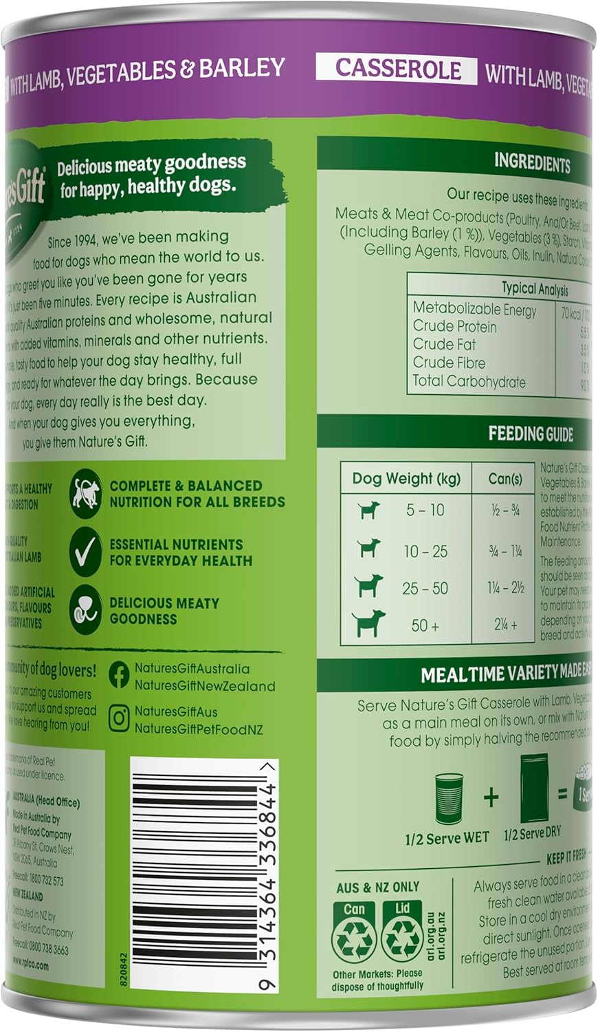 Nature's Gift Adult Wet Dog Food Casserole with Lamb, Vegetables & Barley 6x1.2Kg [x4]