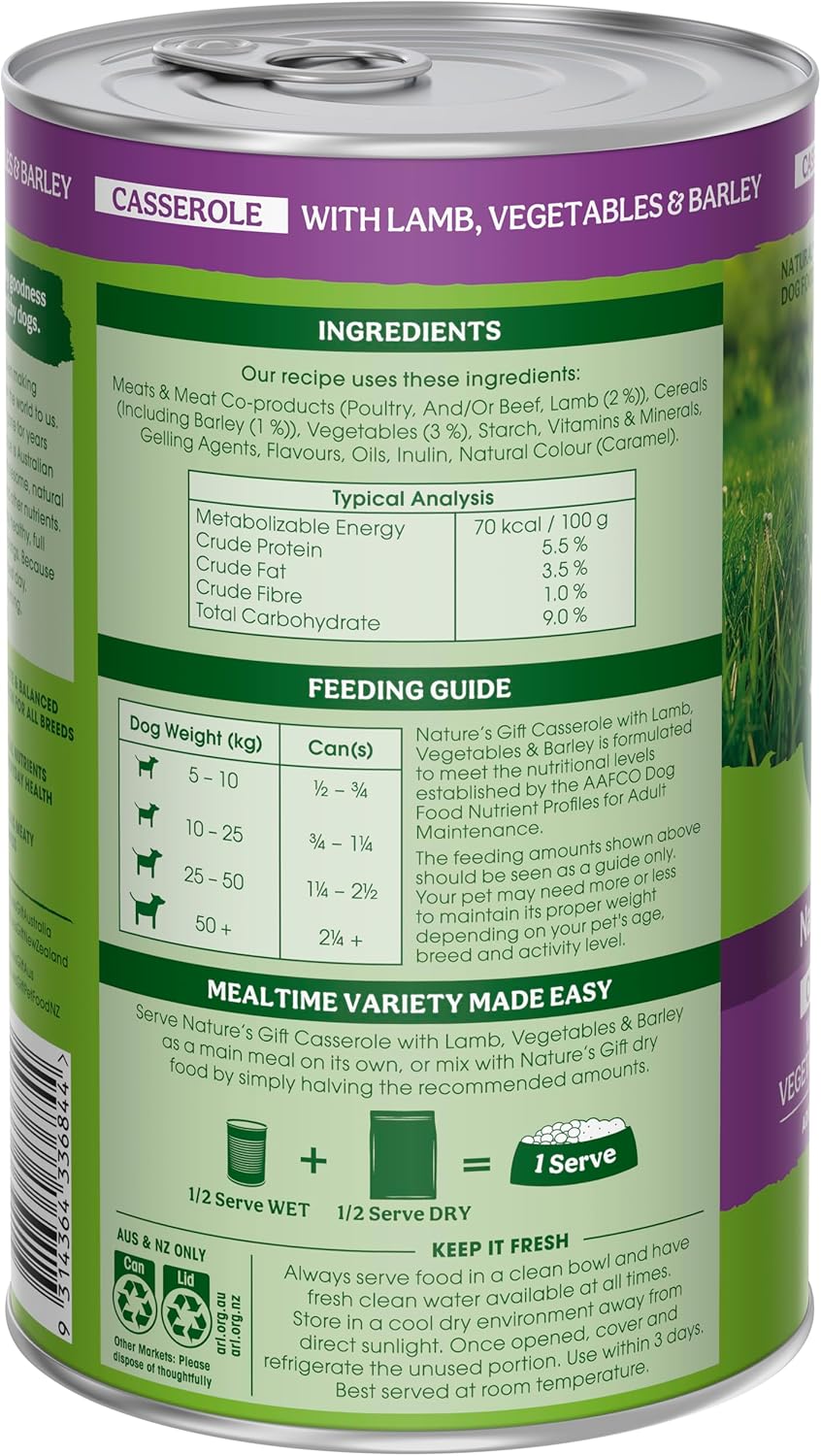 Nature's Gift Adult Wet Dog Food Casserole with Lamb, Vegetables & Barley 6x1.2Kg [x4]