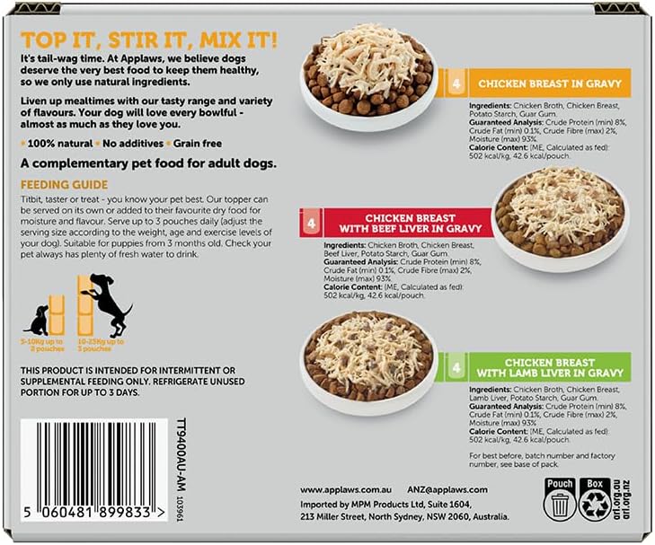 Applaws Taste Toppers Wet Dog Food Chicken Gravy Selection 85g Pouches (Pack of 12) [x3]