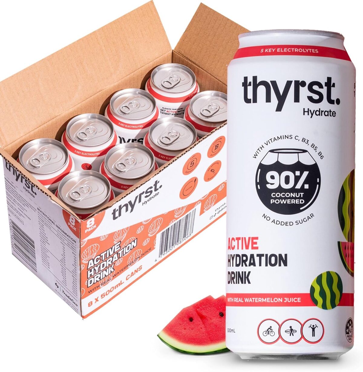 Thyrst Active Hydration Drink Assorted 500mL x 8 | 90% Coconut Water + 9.7% Real Fruit Juice | 5 Key Electrolytes + Sea Salt | Vitamins C, B3, B5, B6 | Sports Drink No Added Sugar Electrolyte Drinks [x3]