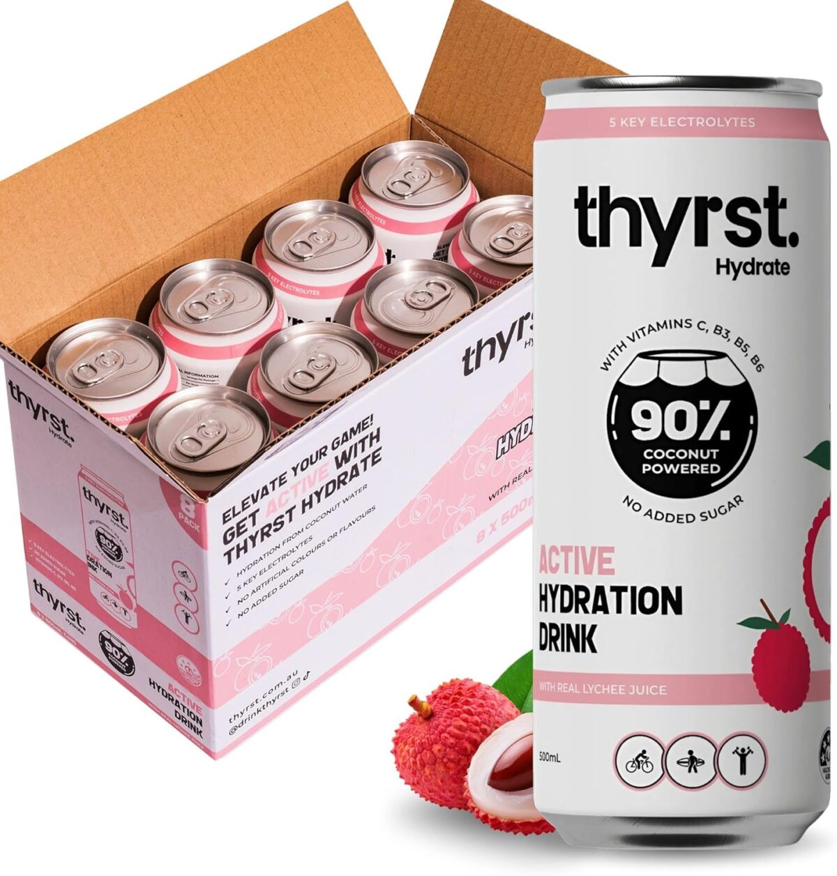 Thyrst Active Hydration Drink Assorted 500mL x 8 | 90% Coconut Water + 9.7% Real Fruit Juice | 5 Key Electrolytes + Sea Salt | Vitamins C, B3, B5, B6 | Sports Drink No Added Sugar Electrolyte Drinks [x3]