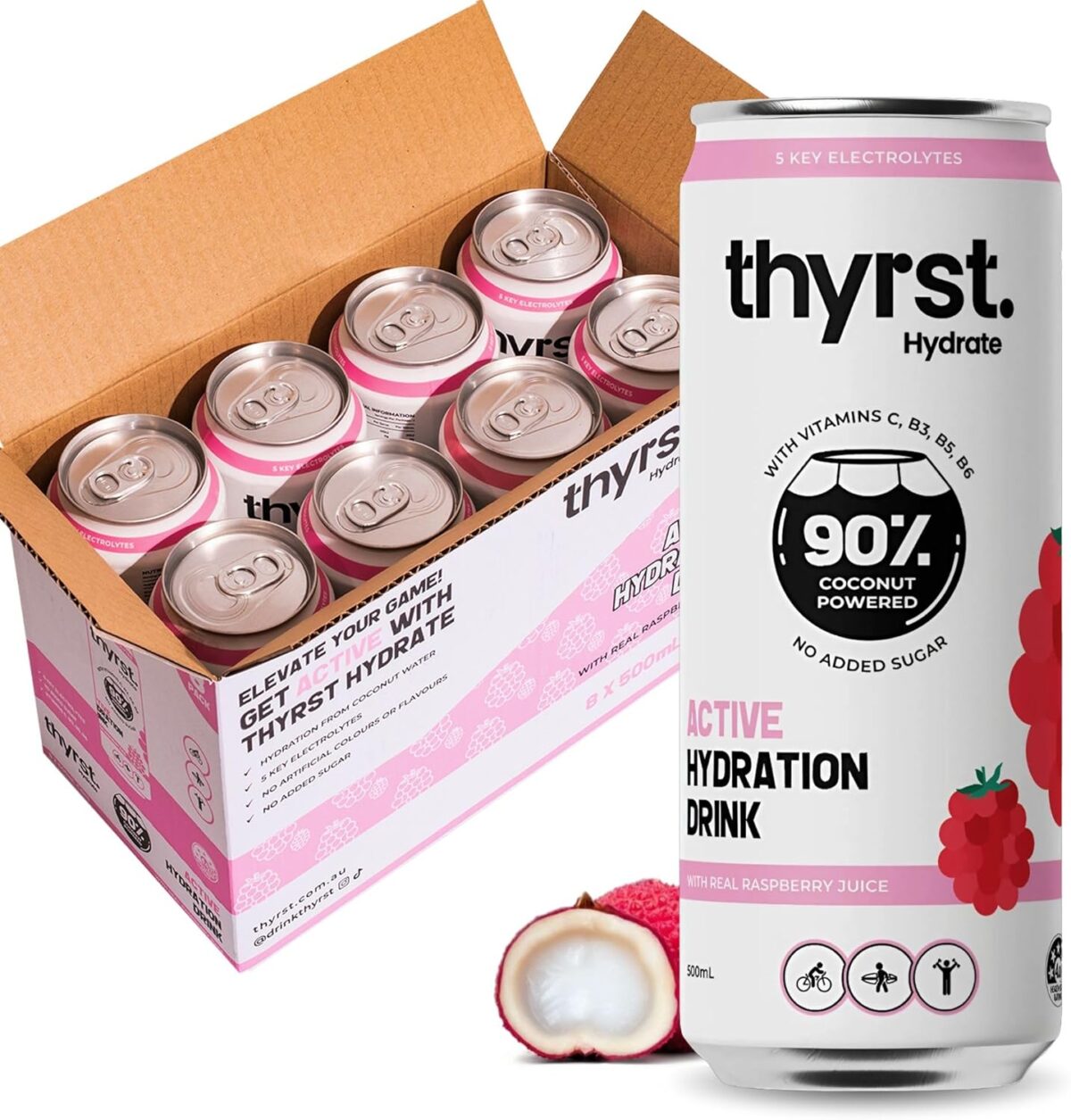 Thyrst Active Hydration Drink Assorted 500mL x 8 | 90% Coconut Water + 9.7% Real Fruit Juice | 5 Key Electrolytes + Sea Salt | Vitamins C, B3, B5, B6 | Sports Drink No Added Sugar Electrolyte Drinks [x3]