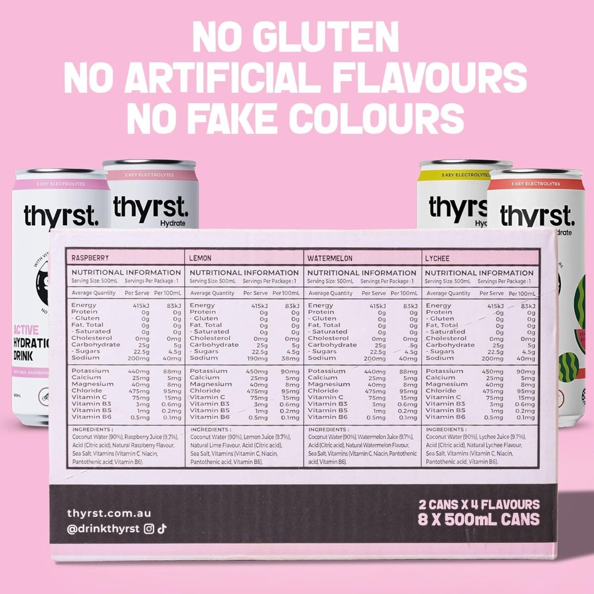 Thyrst Active Hydration Drink Assorted 500mL x 8 | 90% Coconut Water + 9.7% Real Fruit Juice | 5 Key Electrolytes + Sea Salt | Vitamins C, B3, B5, B6 | Sports Drink No Added Sugar Electrolyte Drinks [x3]