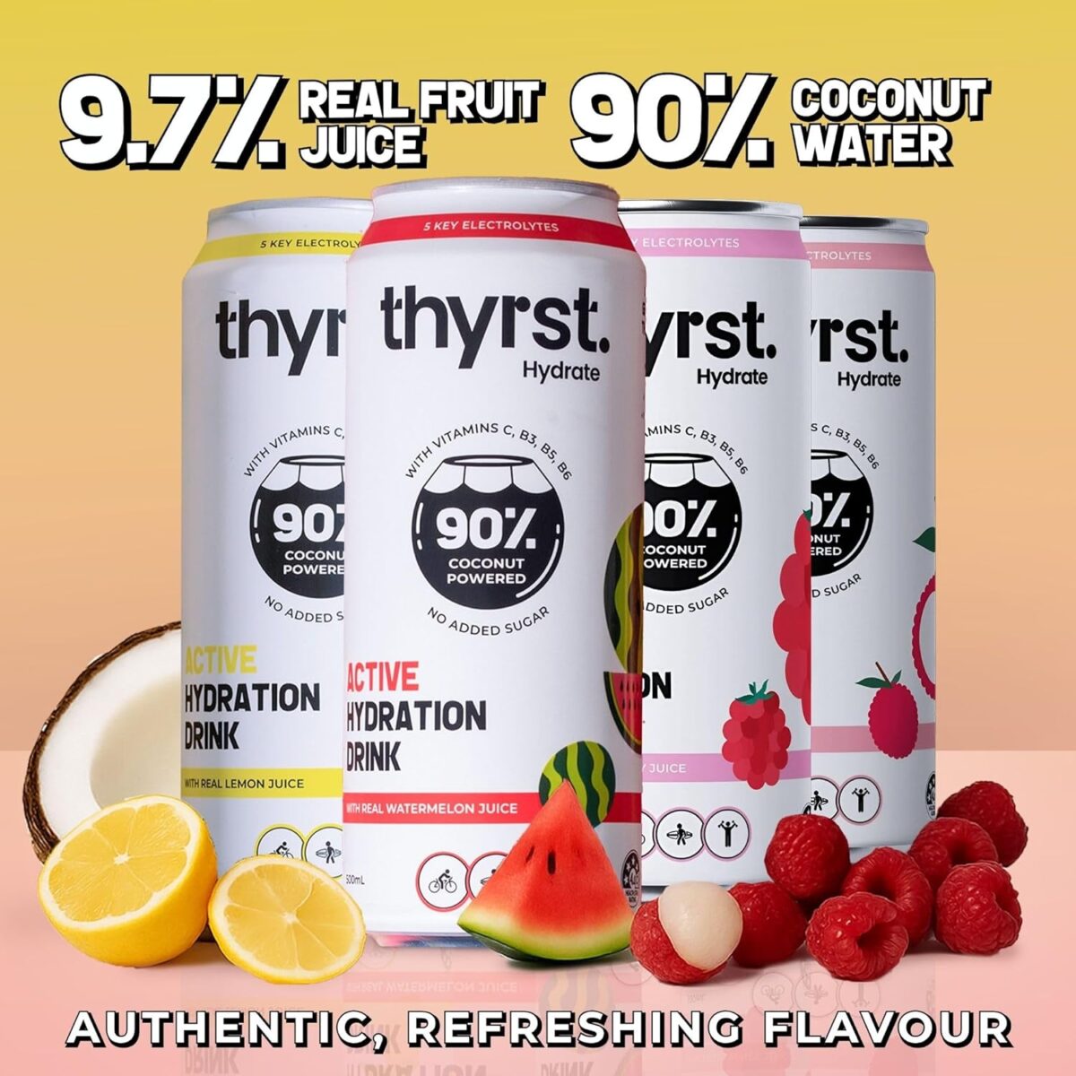 Thyrst Active Hydration Drink Assorted 500mL x 8 | 90% Coconut Water + 9.7% Real Fruit Juice | 5 Key Electrolytes + Sea Salt | Vitamins C, B3, B5, B6 | Sports Drink No Added Sugar Electrolyte Drinks [x3]