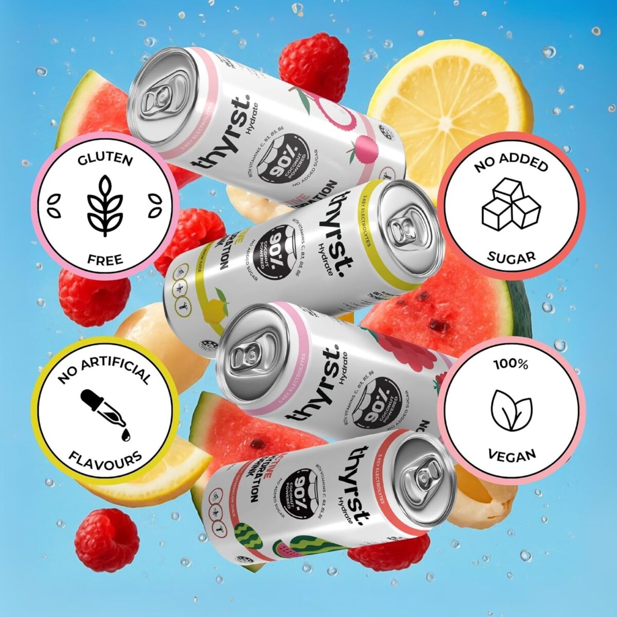 Thyrst Active Hydration Drink Assorted 500mL x 8 | 90% Coconut Water + 9.7% Real Fruit Juice | 5 Key Electrolytes + Sea Salt | Vitamins C, B3, B5, B6 | Sports Drink No Added Sugar Electrolyte Drinks [x3]