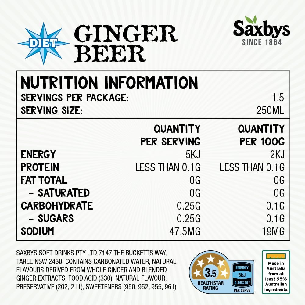 Saxby's Diet Ginger Beer 24 Pack 375mL [x2]