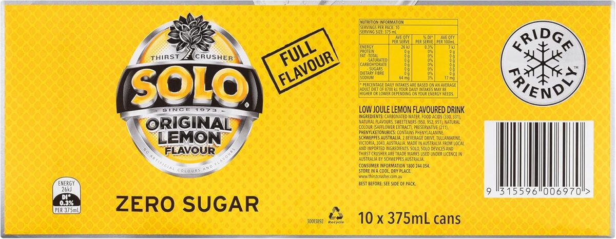 Solo Zero Sugar Soft Drink Can, 10 x 375ml (Pack of 2) [x3]