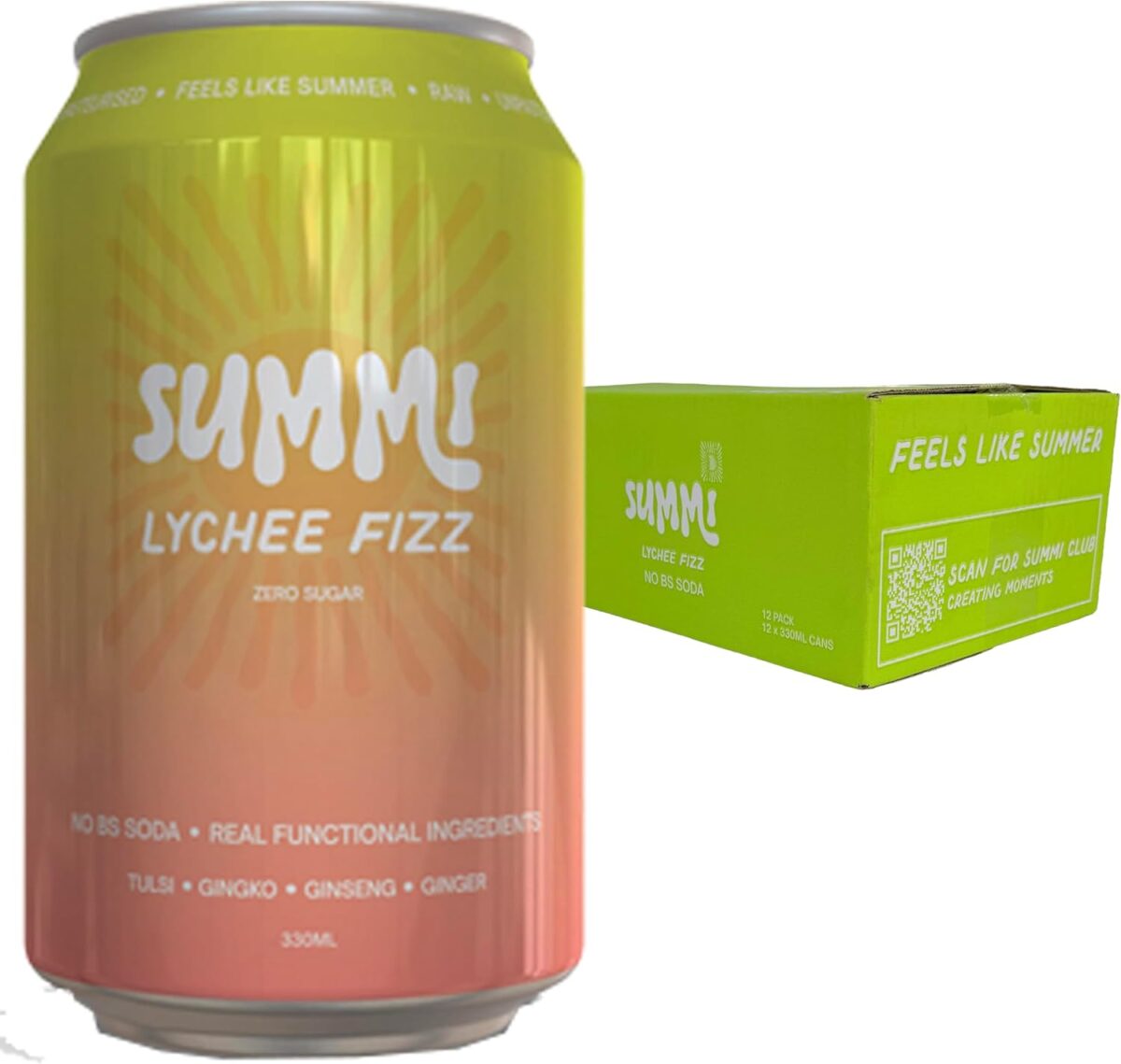 SUMMi Lychee Fizz Nootropic Soda, Zero Sugar, 12 x 330ml Cans [x2]