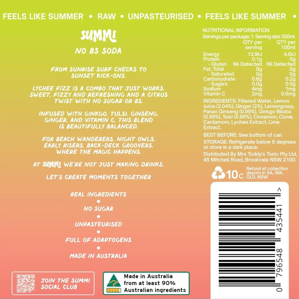 SUMMi Lychee Fizz Nootropic Soda, Zero Sugar, 12 x 330ml Cans [x2]