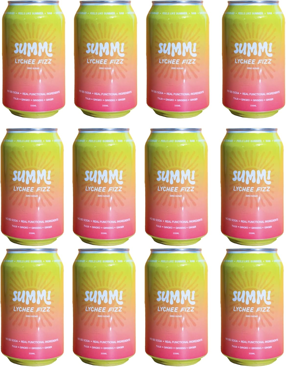 SUMMi Lychee Fizz Nootropic Soda, Zero Sugar, 12 x 330ml Cans [x2]