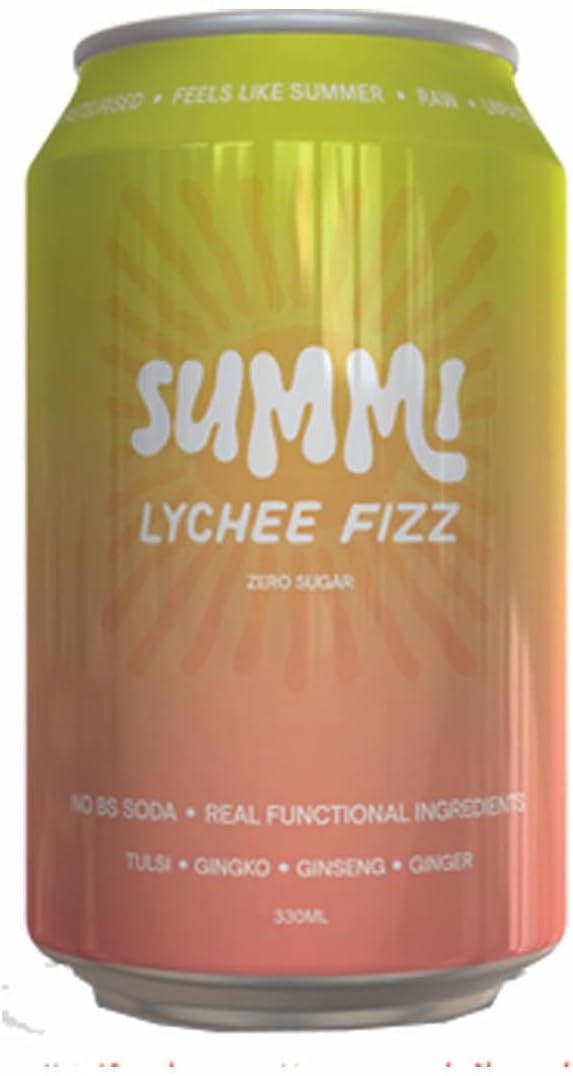 SUMMi Lychee Fizz Nootropic Soda, Zero Sugar, 12 x 330ml Cans [x2]