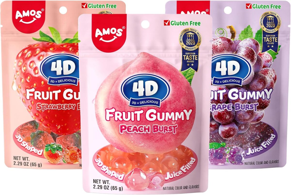 AMOS 4D Bursting Juice Filled Gummies Strawberry/Peach/Grape 65g x 3 [x4]