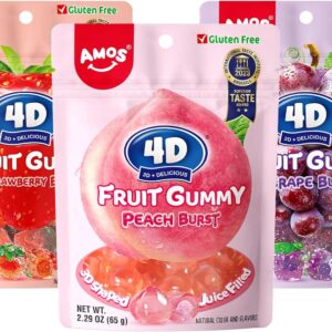 AMOS 4D Bursting Juice Filled Gummies Strawberry/Peach/Grape 65g x 3 [x4]
