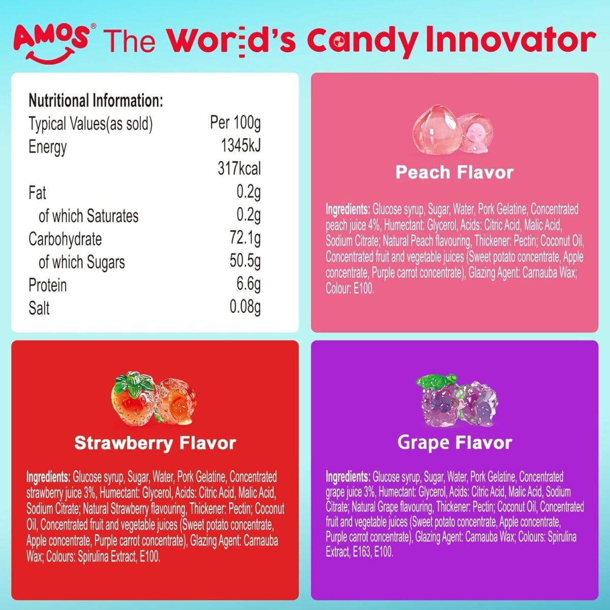 AMOS 4D Bursting Juice Filled Gummies Strawberry/Peach/Grape 65g x 3 [x4]
