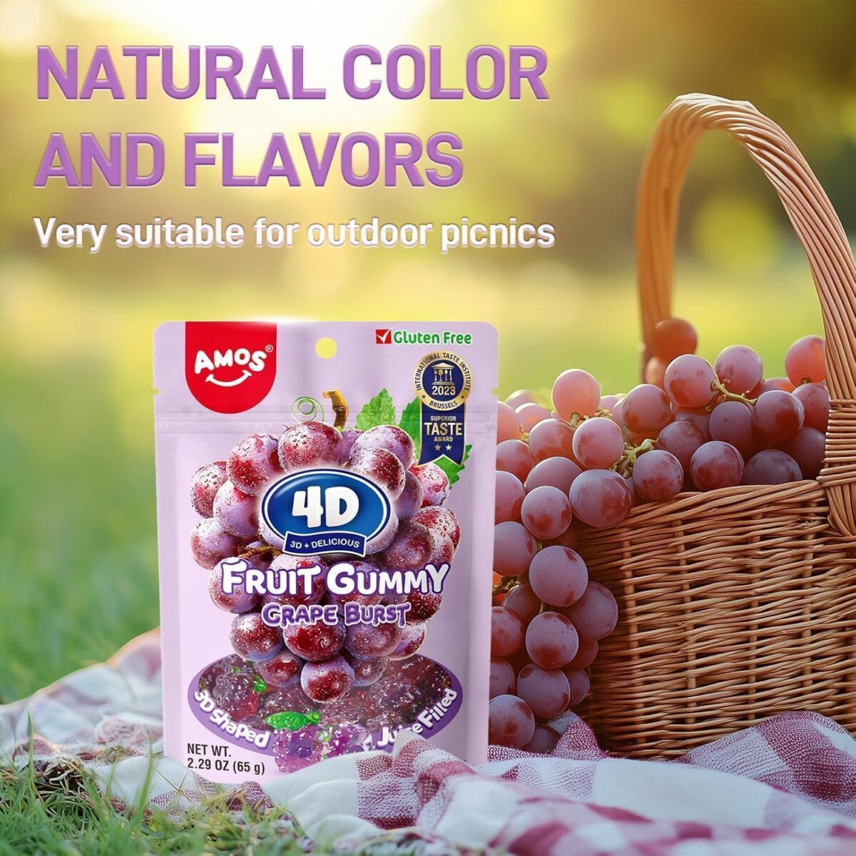 AMOS 4D Bursting Juice Filled Gummies Strawberry/Peach/Grape 65g x 3 [x4]
