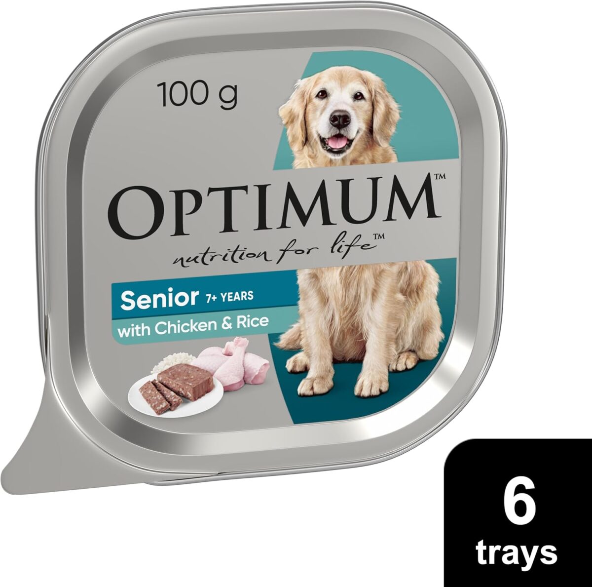 Optimum Senior 7+ Years Wet Dog Food with Chicken & Rice 100g Tray, 36 Pack [x2]