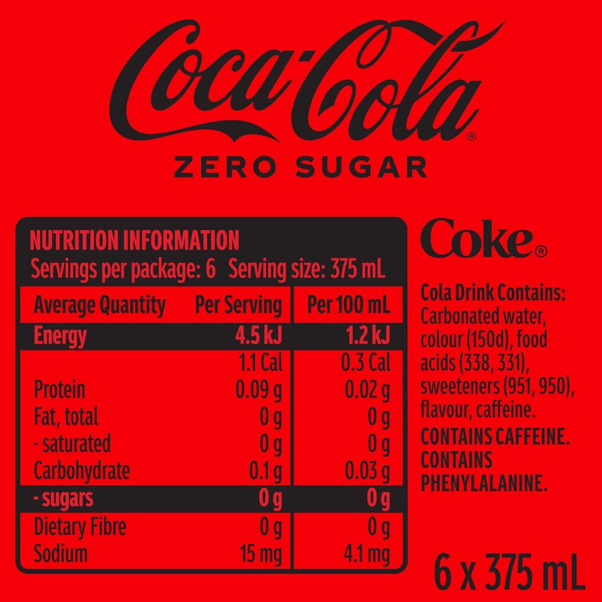 Coca-Cola Zero Sugar Soft Drink Cans 6 x 375mL [x6]